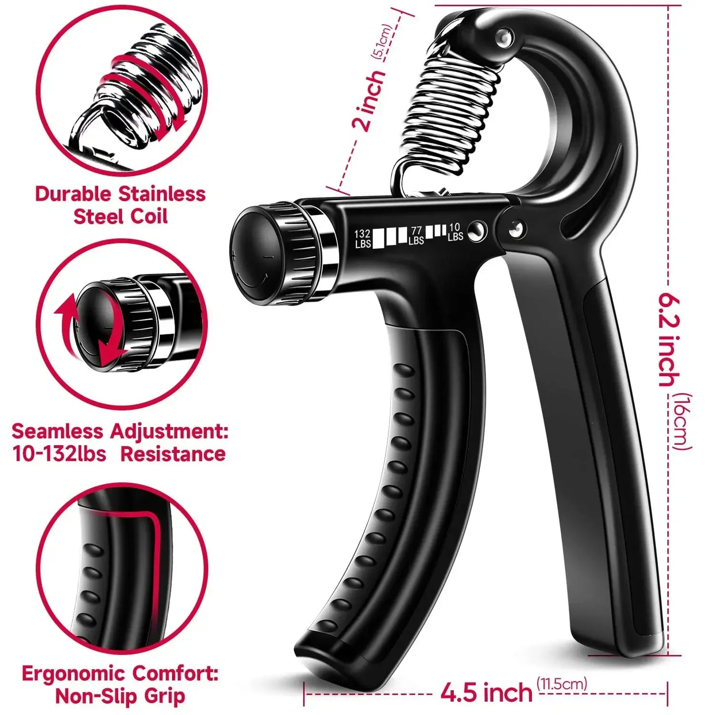 5-60Kg Adjustable Grip Strength Trainer with Finger Exerciser Hand Grip Strengthener