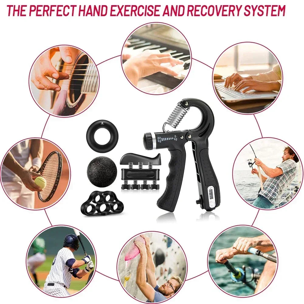 5-60Kg Adjustable Grip Strength Trainer with Finger Exerciser Hand Grip Strengthener